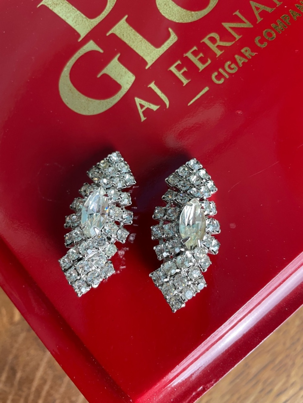 Vintage Silver Crystal Marquise Clip-On Earrings